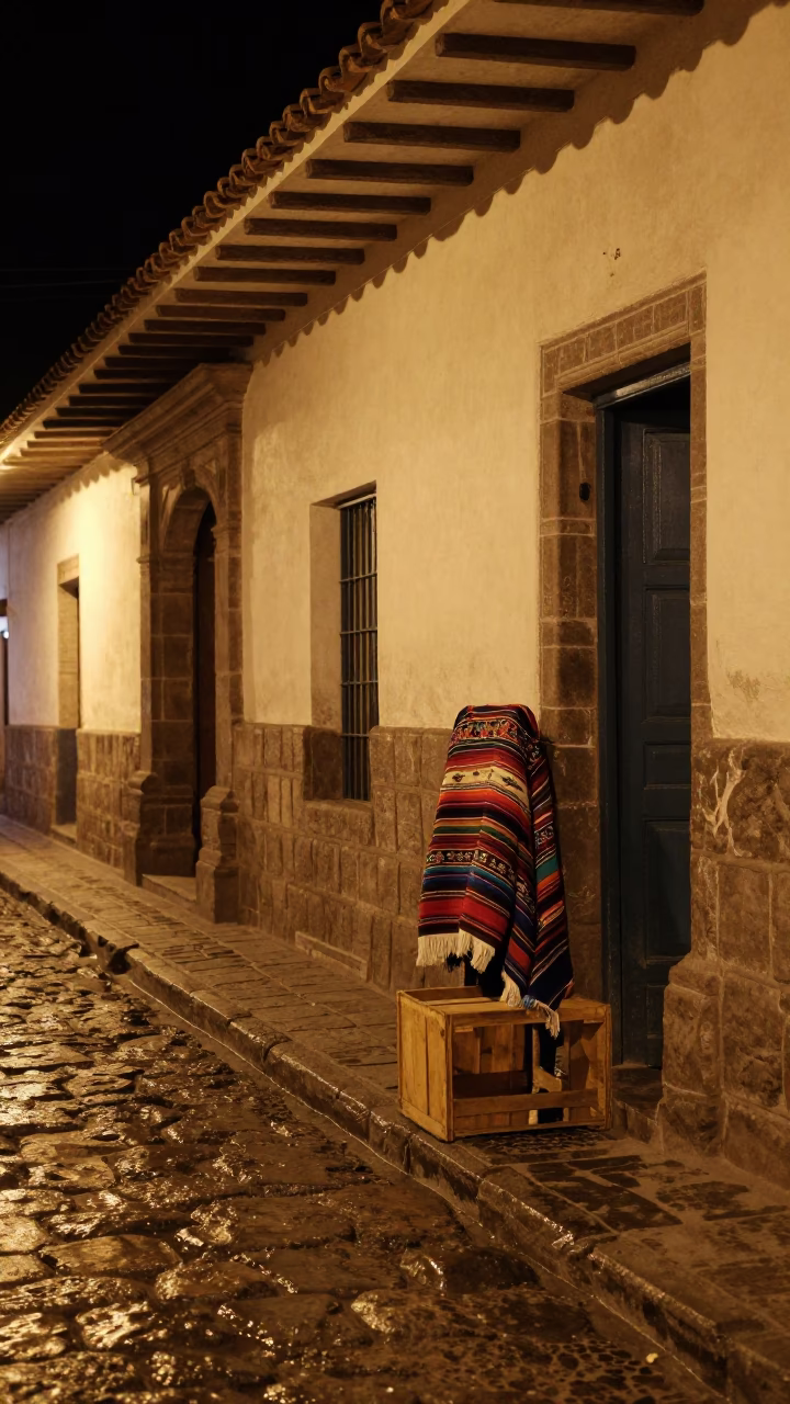 Nighttime Street Scene in Cusco Peru With Traditional Textiles And Stone Architecture in in Cusco, Peru