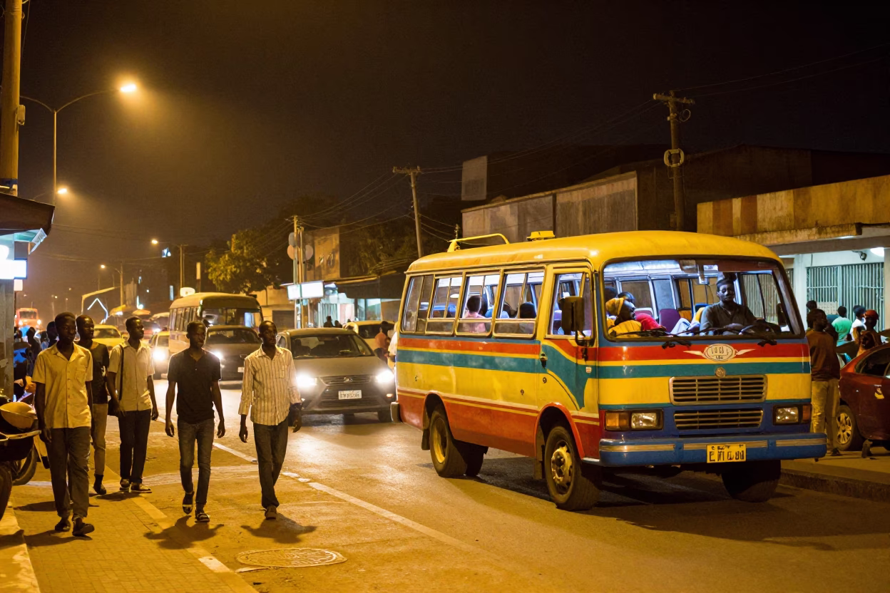 Nighttime Street Scene in Dakar Senegal with Vibrant Traffic and Local Life in in Dakar, Senegal