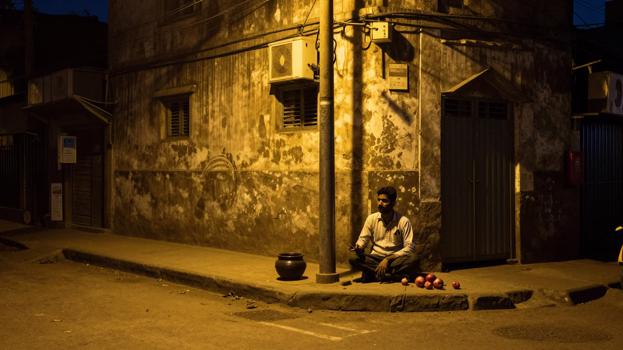 Nighttime Street Scene in Delhi India with Pomegranate and Jar on Concrete Sidewalk in in Delhi, India
