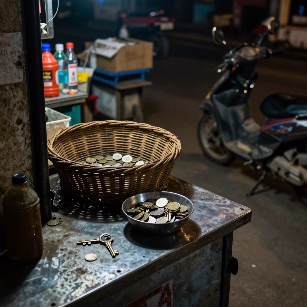 Nighttime Street Scene in Delhi India with Wicker Hamper and Key Bowl in in Delhi, India