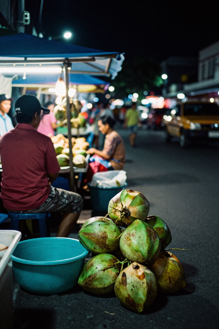 Nighttime Street Scene in Denpasar Indonesia with Coconuts and Local Market Activity in in Denpasar, Indonesia