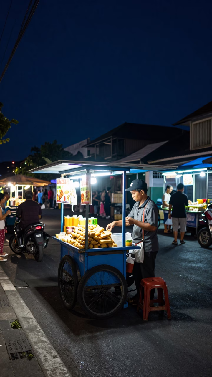 Nighttime Street Scene in Denpasar Indonesia with Local Street Food Vendor and Traditional Architecture in in Denpasar, Indonesia