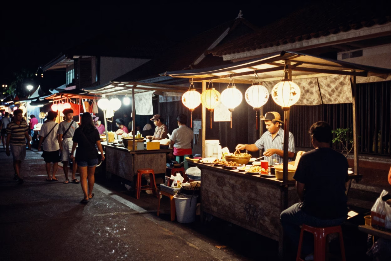 Nighttime Street Scene in Denpasar Indonesia with Local Vendor and Lantern Light in in Denpasar, Indonesia