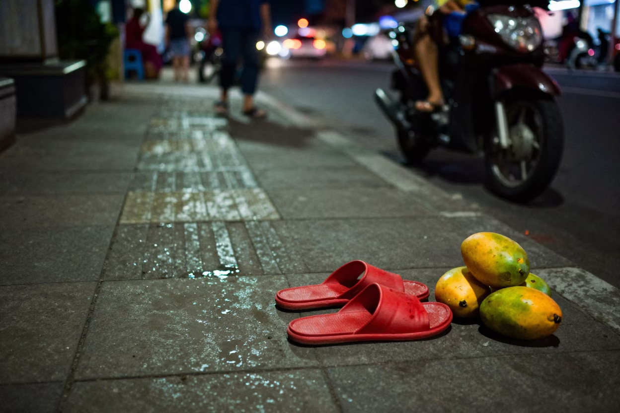 Nighttime Street Scene in Denpasar Indonesia with Slippers and Mangoes in in Denpasar, Indonesia