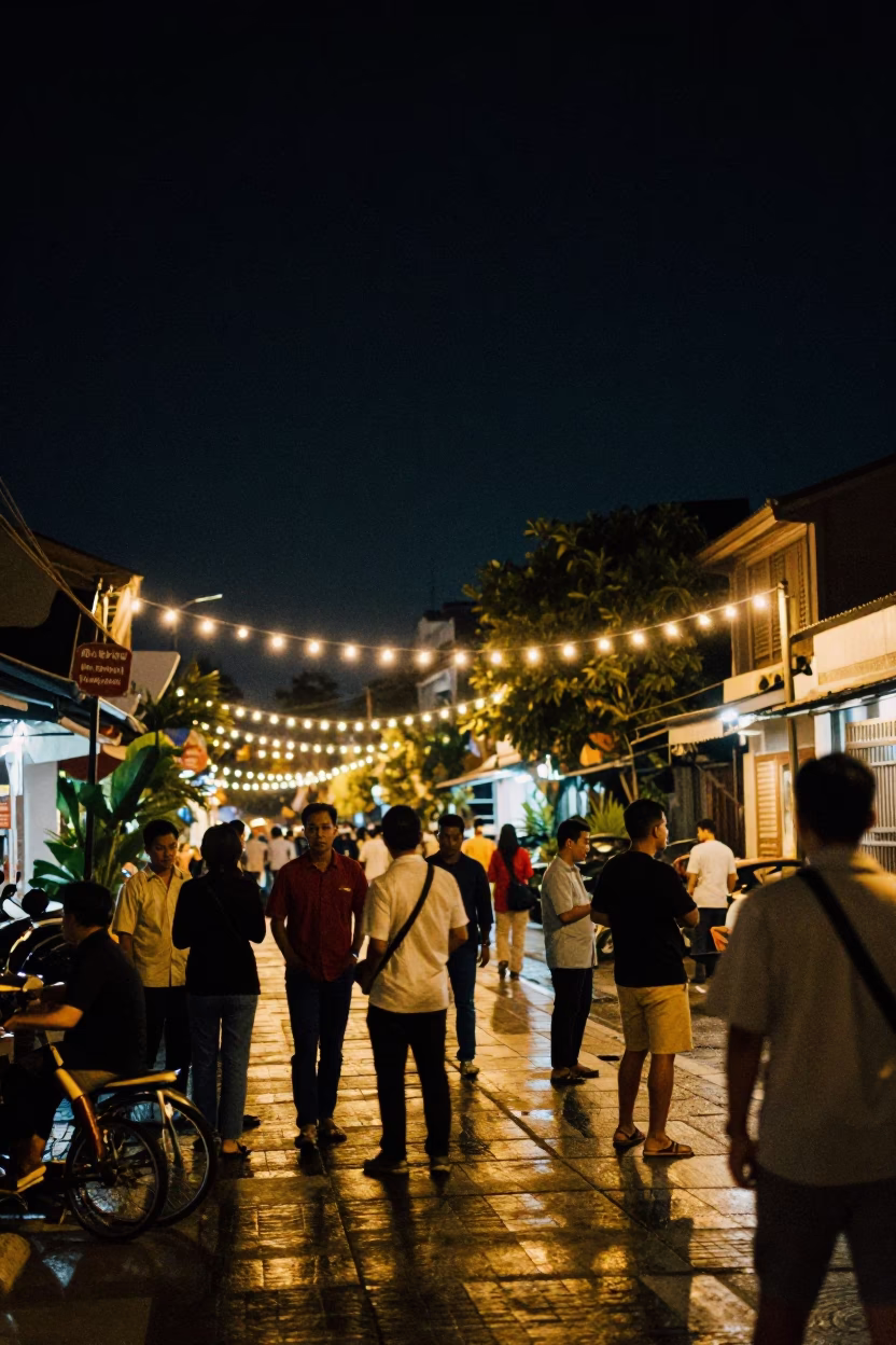 Nighttime Street Scene in Denpasar Indonesia with String Lights and Local Interaction in in Denpasar, Indonesia