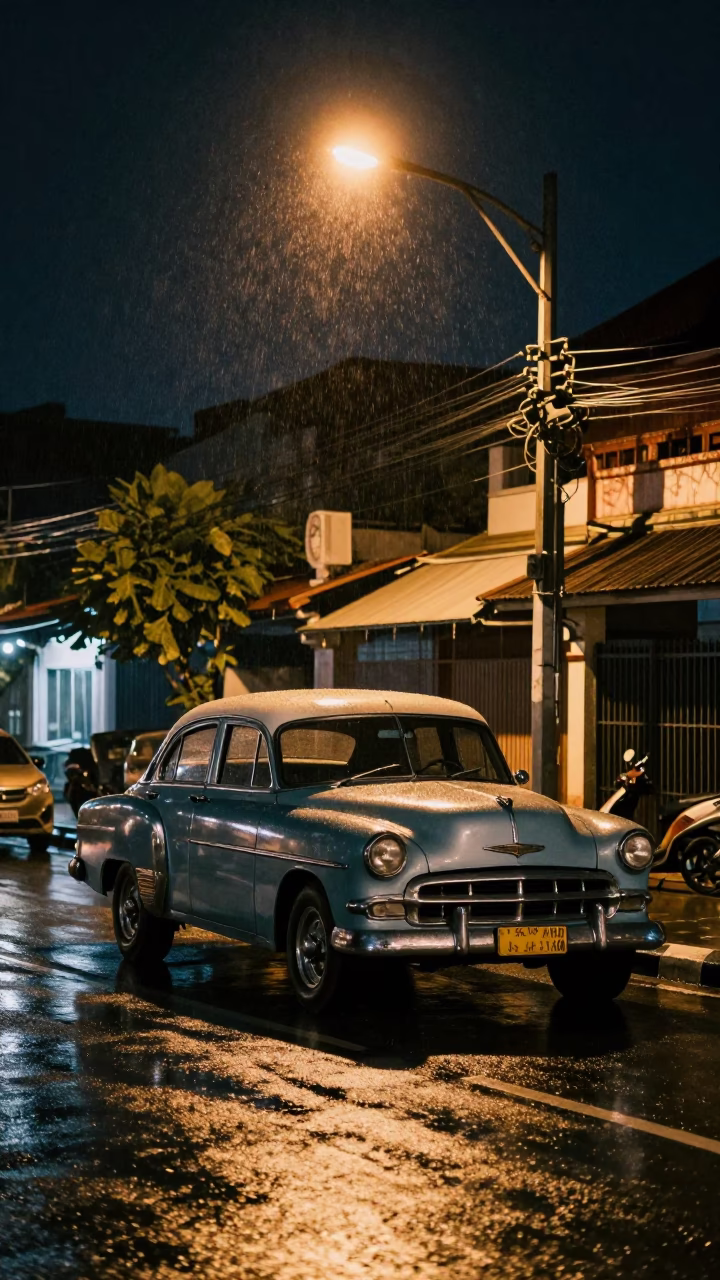 Nighttime street scene in Denpasar Indonesia with vintage car and local vendor in in Denpasar, Indonesia