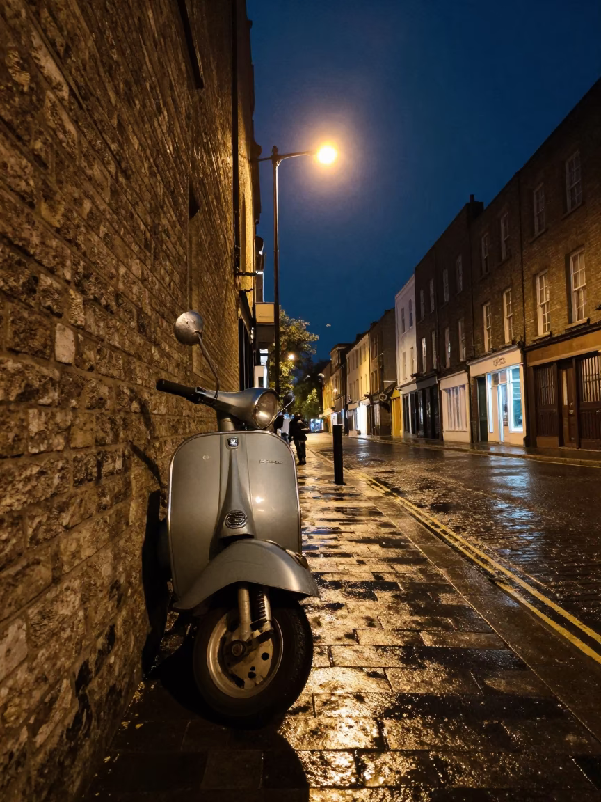 Nighttime Street Scene in Dublin Ireland with Vintage Scooter and Urban Architecture in in Dublin, Ireland