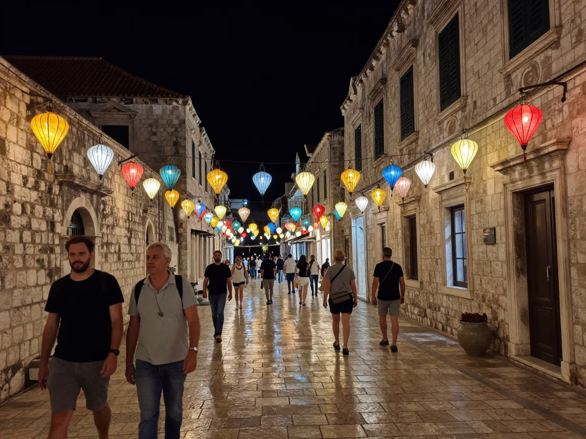 Nighttime Street Scene in Dubrovnik Croatia with Colorful Lanterns and Local Pedestrians in in Dubrovnik, Croatia