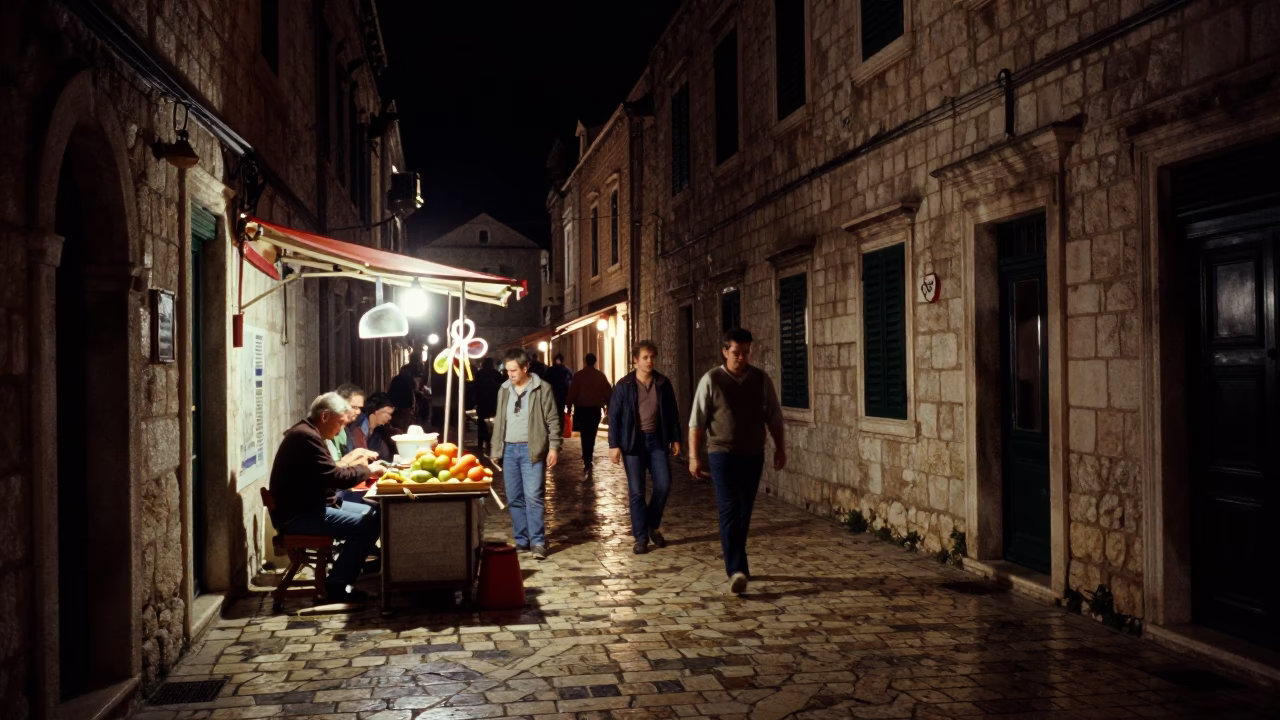 Nighttime Street Scene in Dubrovnik Croatia with Salt Spoon and Fruit Crate in in Dubrovnik, Croatia