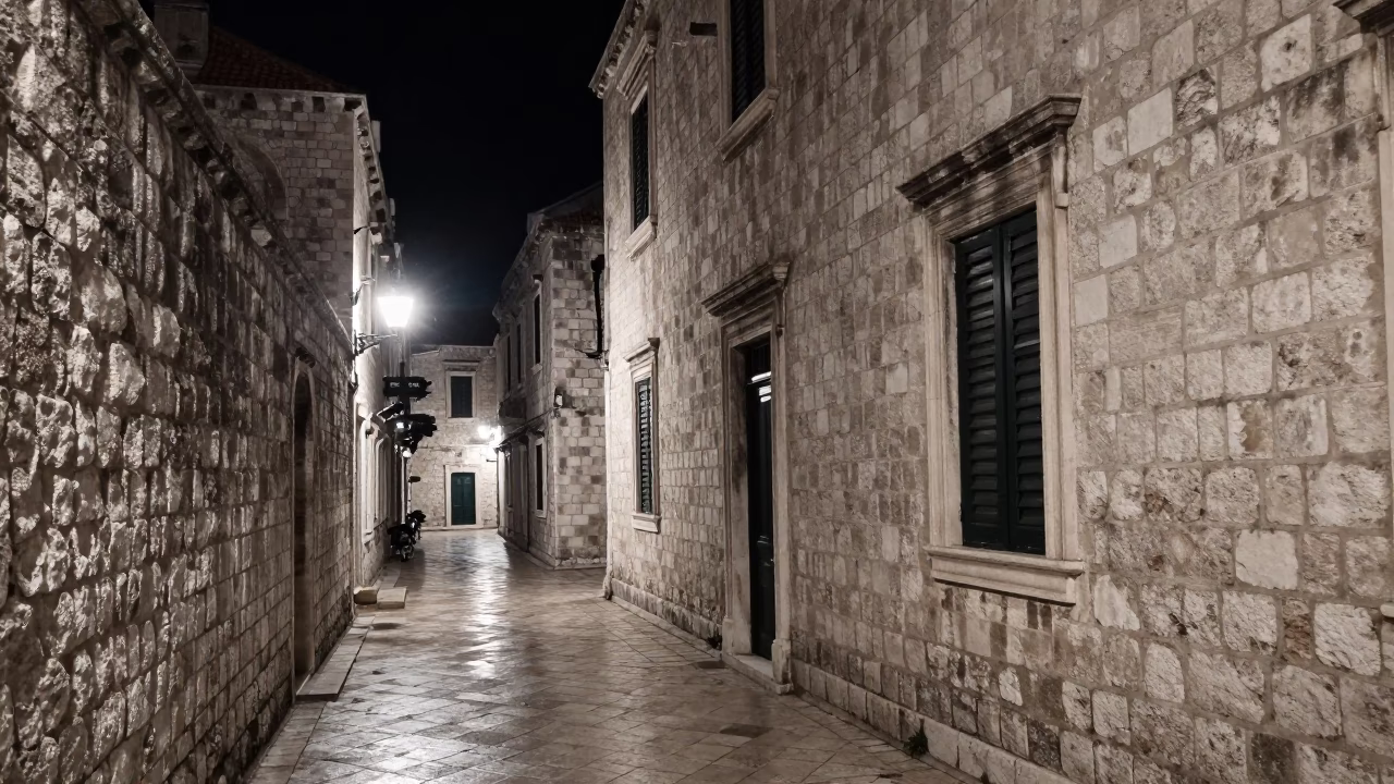 Nighttime Street Scene in Dubrovnik Croatia with Stone Walls and Dim Lighting in in Dubrovnik, Croatia
