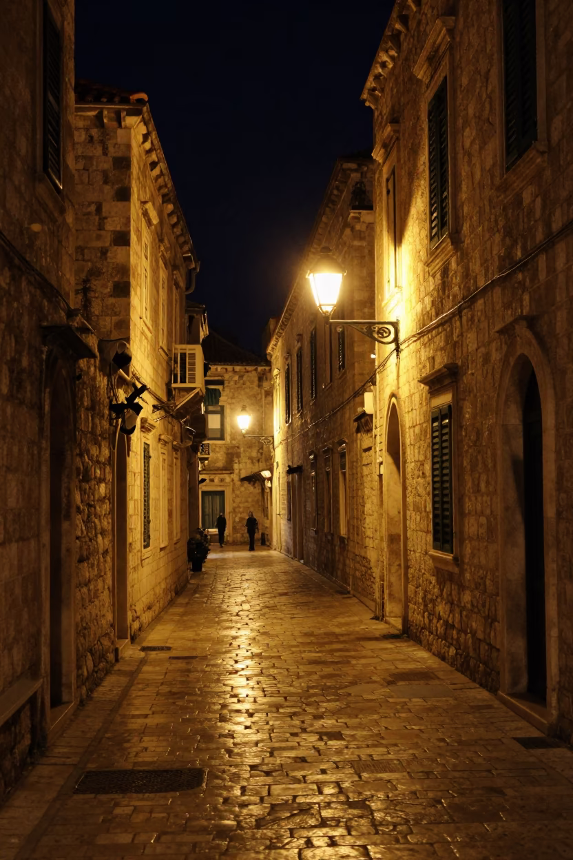 Nighttime Street Scene in Dubrovnik Croatia with Whispers of Local Life in in Dubrovnik, Croatia