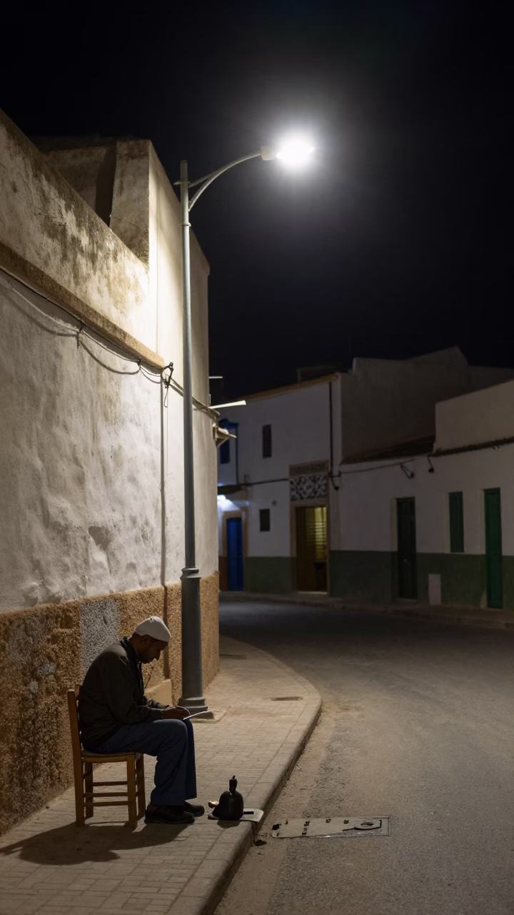 Nighttime Street Scene in Essaouira Morocco with Bench Scraper and Empty Chair in in Essaouira, Morocco