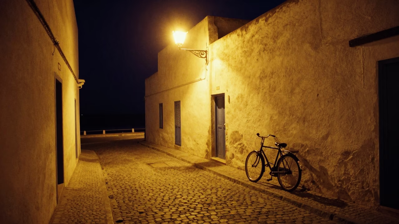 Nighttime Street Scene in Essaouira Morocco with Bicycle and Coastal Elements in in Essaouira, Morocco