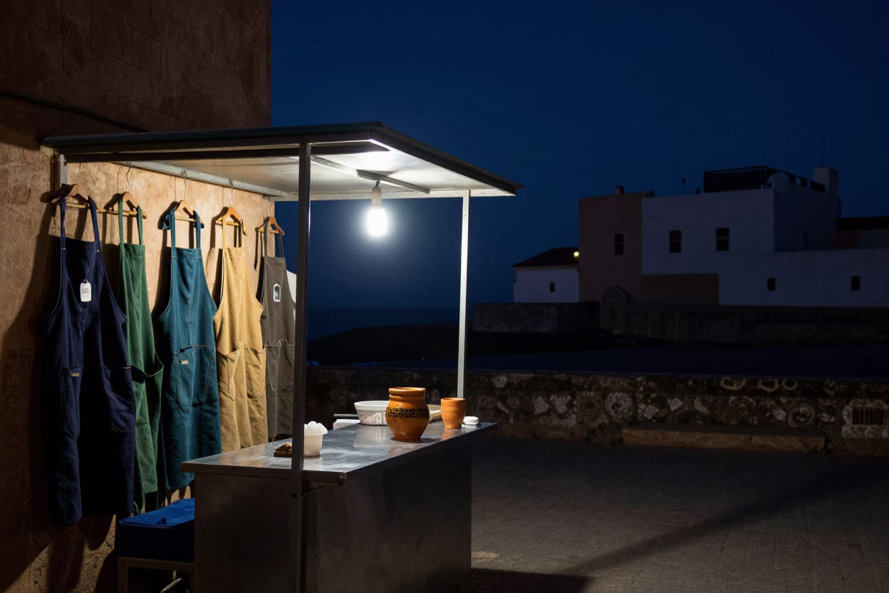 Nighttime Street Scene in Essaouira Morocco with Ceramic Cup and Aprons in in Essaouira, Morocco