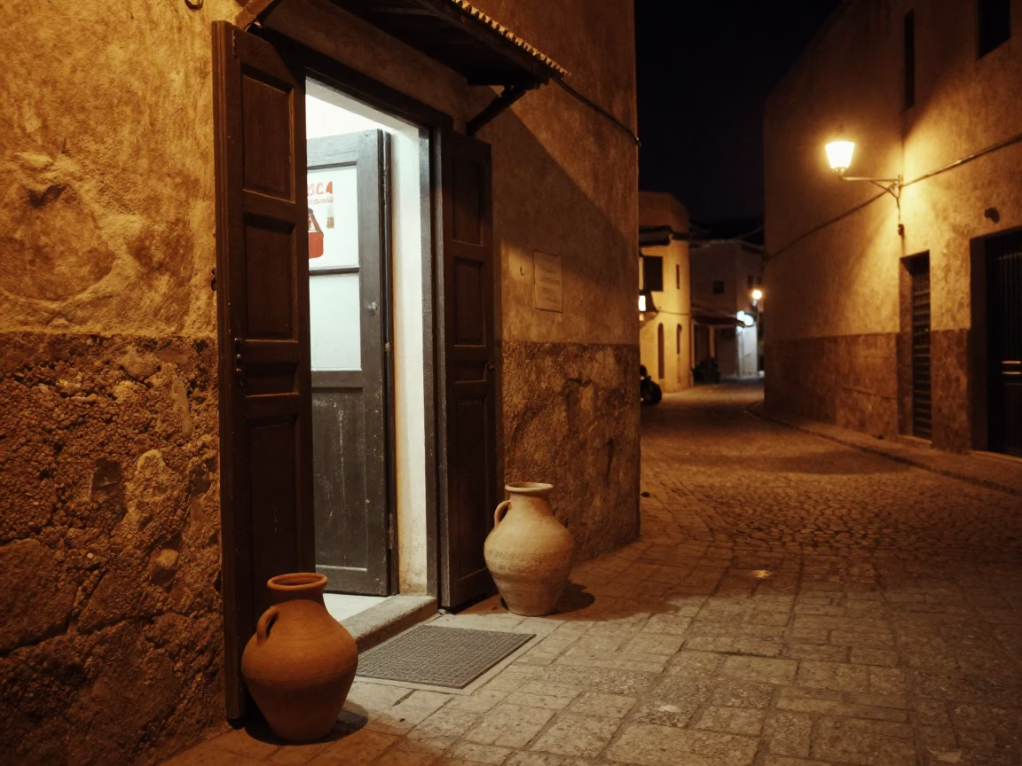 Nighttime Street Scene in Essaouira Morocco with Clay Pot and Wooden Stool in in Essaouira, Morocco
