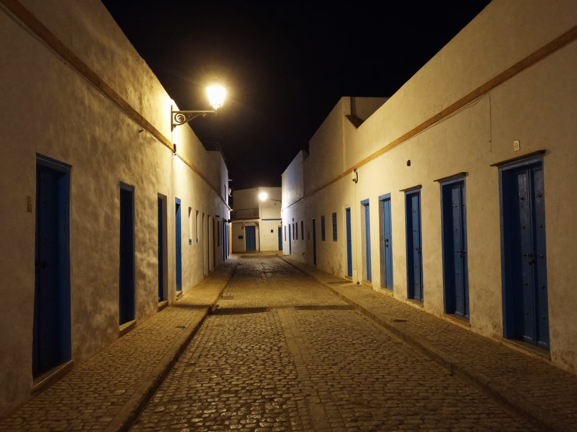 Nighttime Street Scene in Essaouira Morocco with Cobblestones and Dim Streetlights in in Essaouira, Morocco