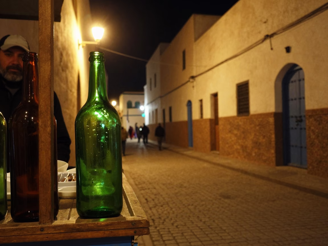 Nighttime Street Scene in Essaouira Morocco with Colorful Glass Bottle and Bar Soap in in Essaouira, Morocco