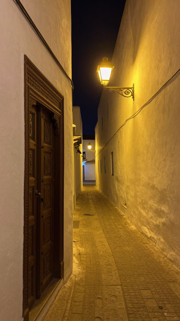 Nighttime Street Scene in Essaouira Morocco with Hinge and Fingerprints in in Essaouira, Morocco