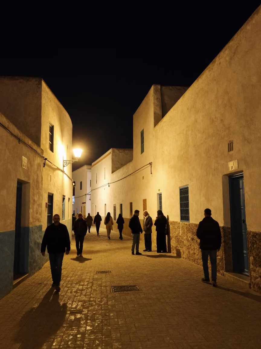Nighttime Street Scene in Essaouira Morocco with Local Residents and Vintage Details in in Essaouira, Morocco