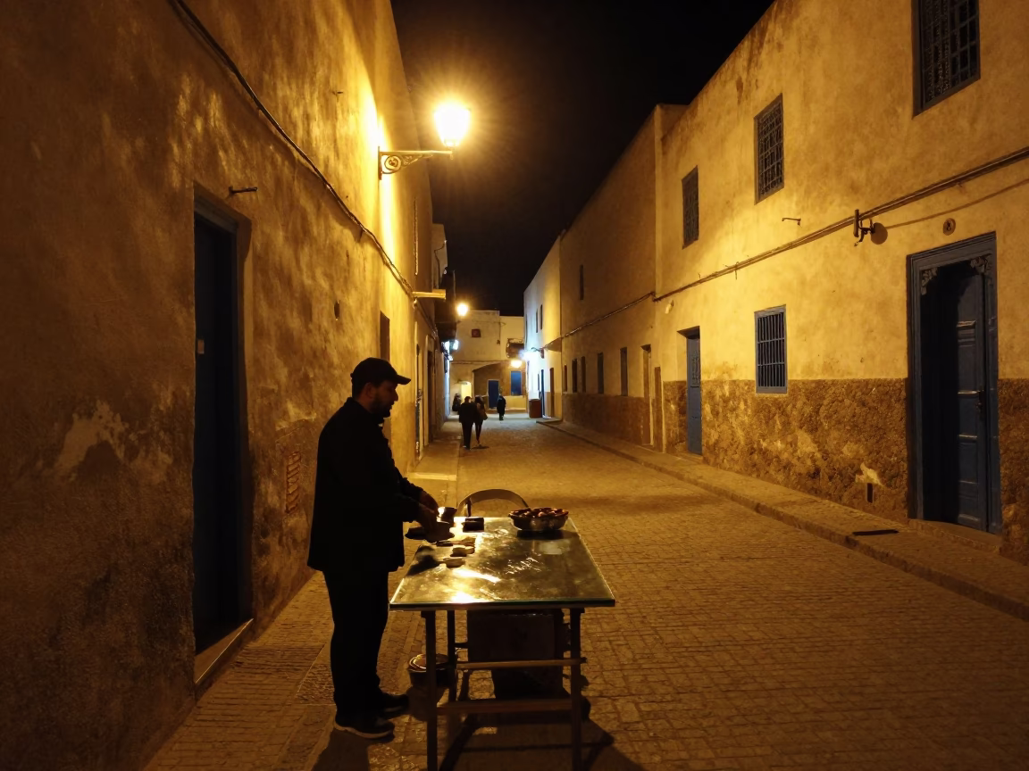 Nighttime Street Scene in Essaouira Morocco with Local Vendor and Clear Glass Table in in Essaouira, Morocco