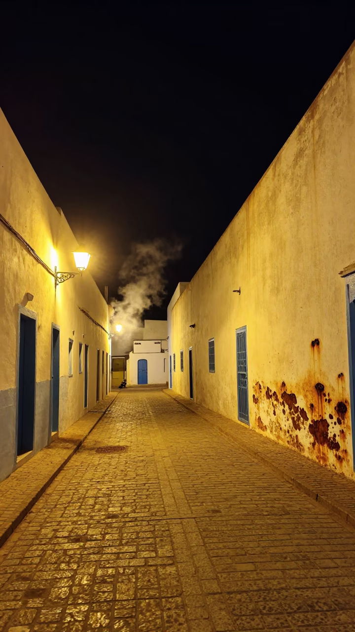 Nighttime Street Scene in Essaouira Morocco with Rust and Steam Details in in Essaouira, Morocco