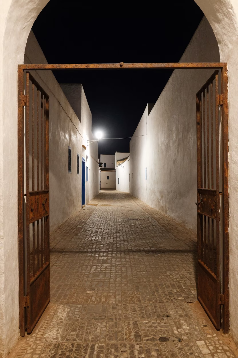 Nighttime Street Scene in Essaouira Morocco with Rusty Metal Gate and Dimly Lit Alleyway in in Essaouira, Morocco