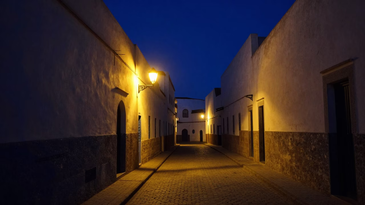 Nighttime Street Scene in Essaouira Morocco with Table Lamp and Local Life in in Essaouira, Morocco