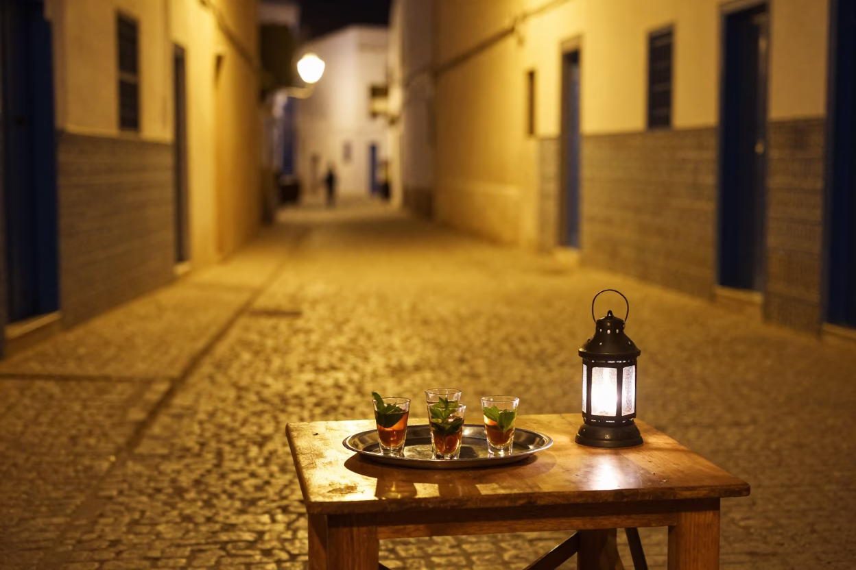 Nighttime Street Scene in Essaouira Morocco with Tea Tray and Lantern Light in in Essaouira, Morocco
