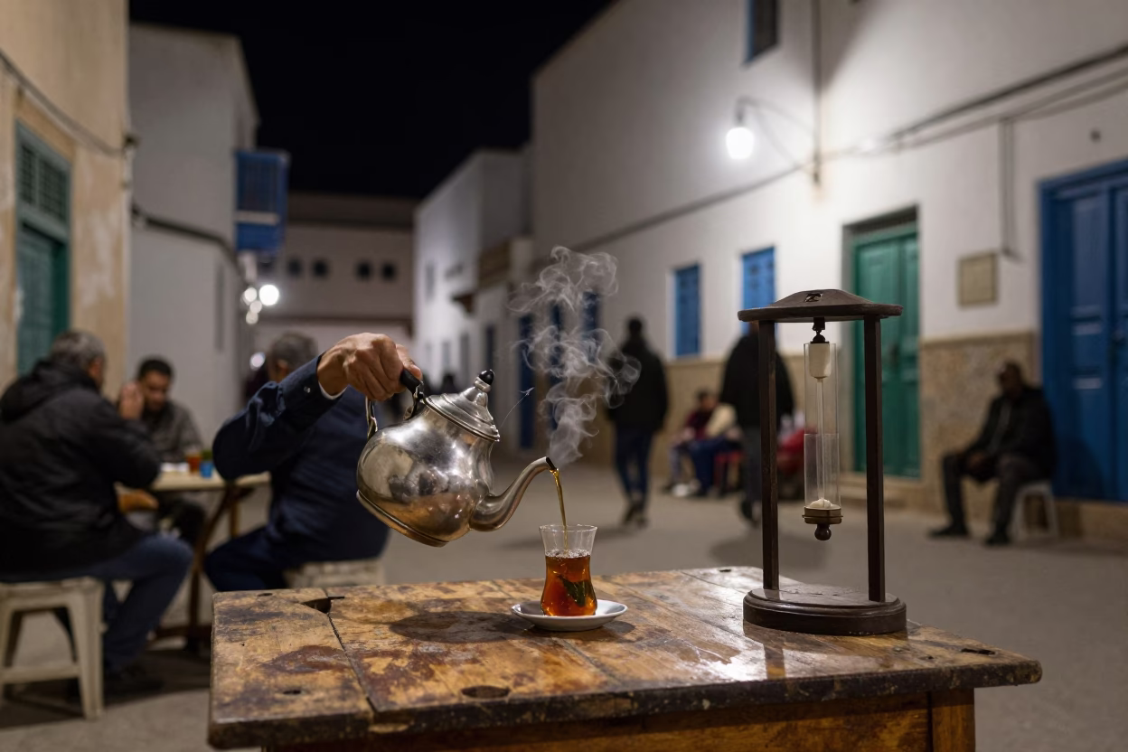 Nighttime Street Scene in Essaouira Morocco with Teapot and Pendulum in in Essaouira, Morocco