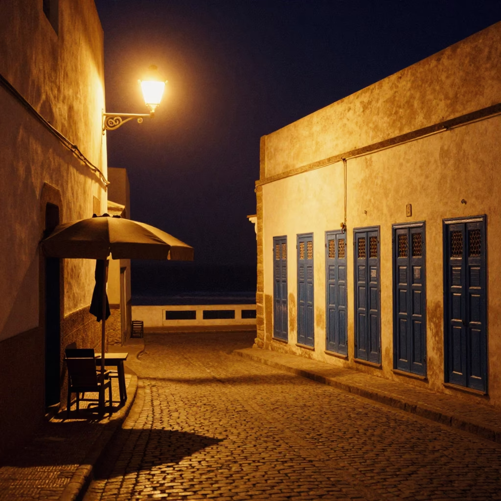Nighttime Street Scene in Essaouira Morocco with Umbrella Stand and Coastal Architecture in in Essaouira, Morocco
