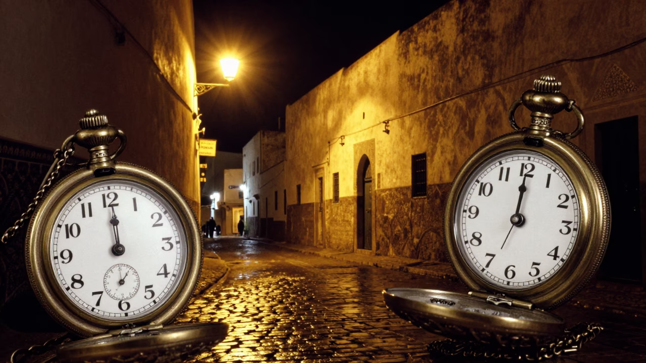 Nighttime Street Scene in Essaouira Morocco with Vintage Pocket Watch and Cobblestone Alley in in Essaouira, Morocco