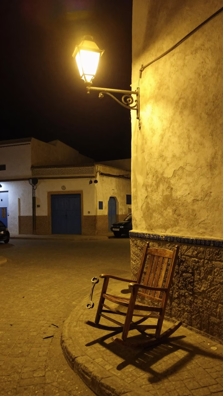 Nighttime Street Scene in Essaouira Morocco with Vintage Wrench and Rocking Chair in in Essaouira, Morocco