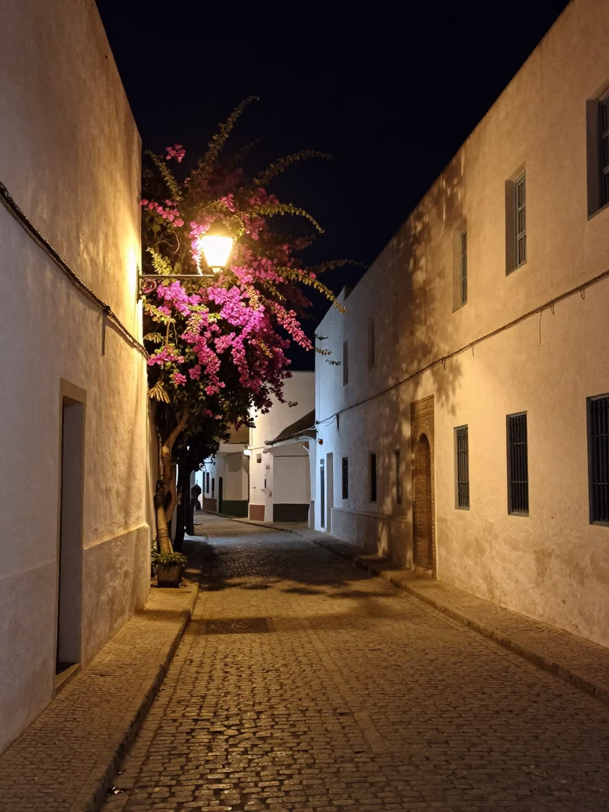 Nighttime Street Scene in Essaouira Morocco with White Walls and Bougainvillea in in Essaouira, Morocco