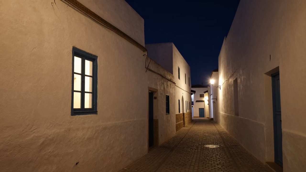 Nighttime Street Scene in Essaouira Morocco with Window Light and Traditional Architecture in in Essaouira, Morocco