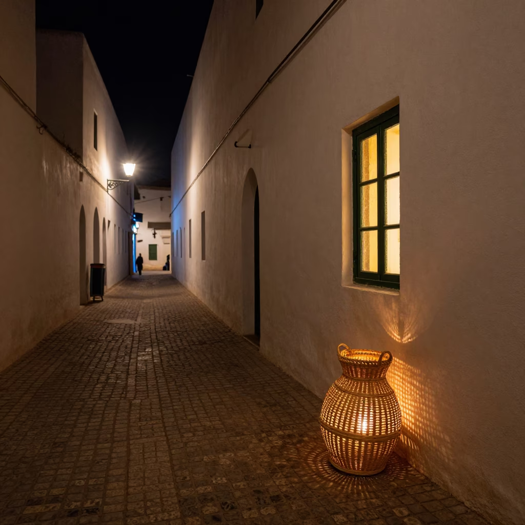 Nighttime Street Scene in Essaouira Morocco with Woven Cane and Glowing Window in in Essaouira, Morocco