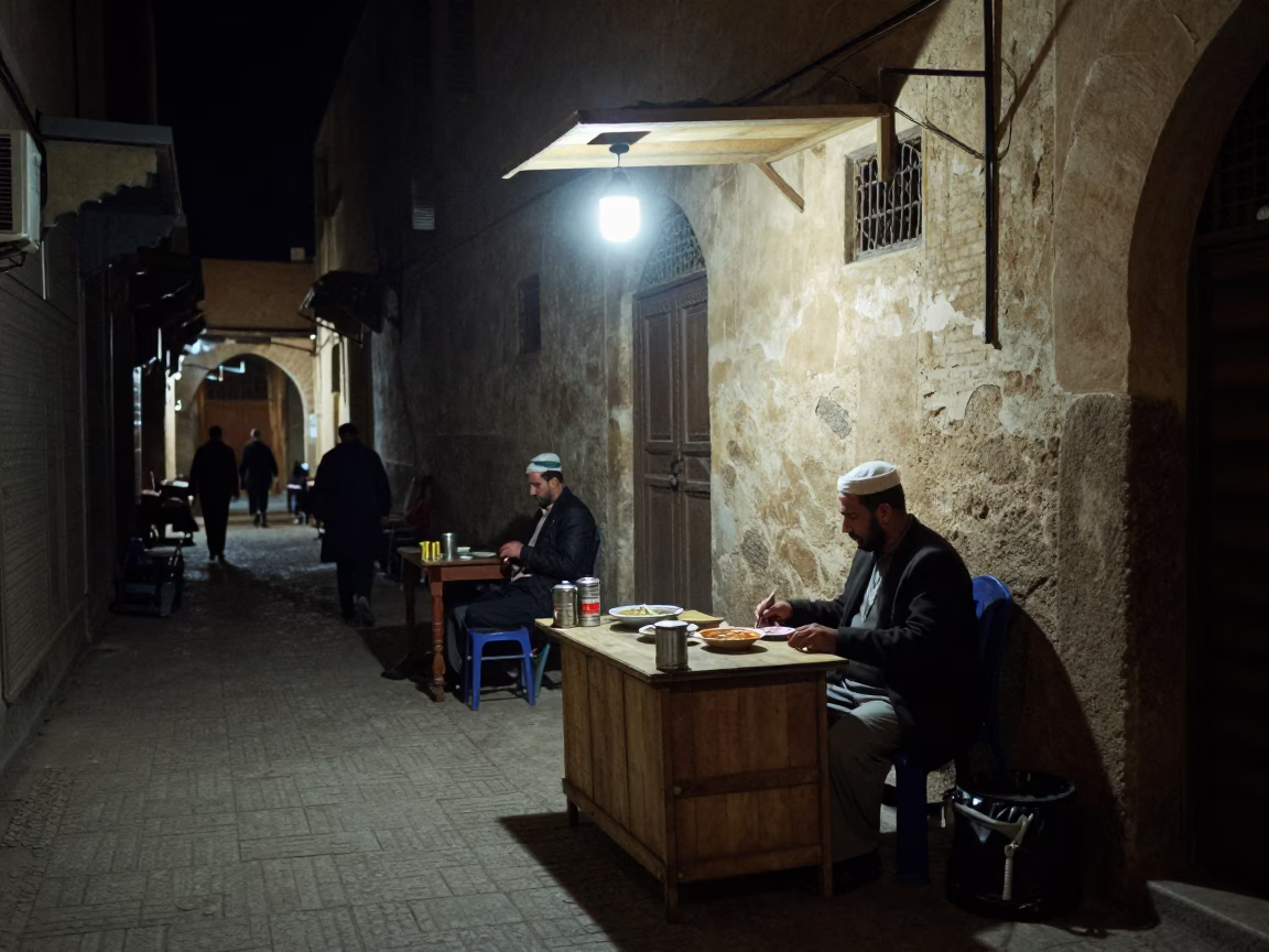 Nighttime Street Scene in Fez Morocco with Coffee Tin and Soup Bowls in in Fez, Morocco