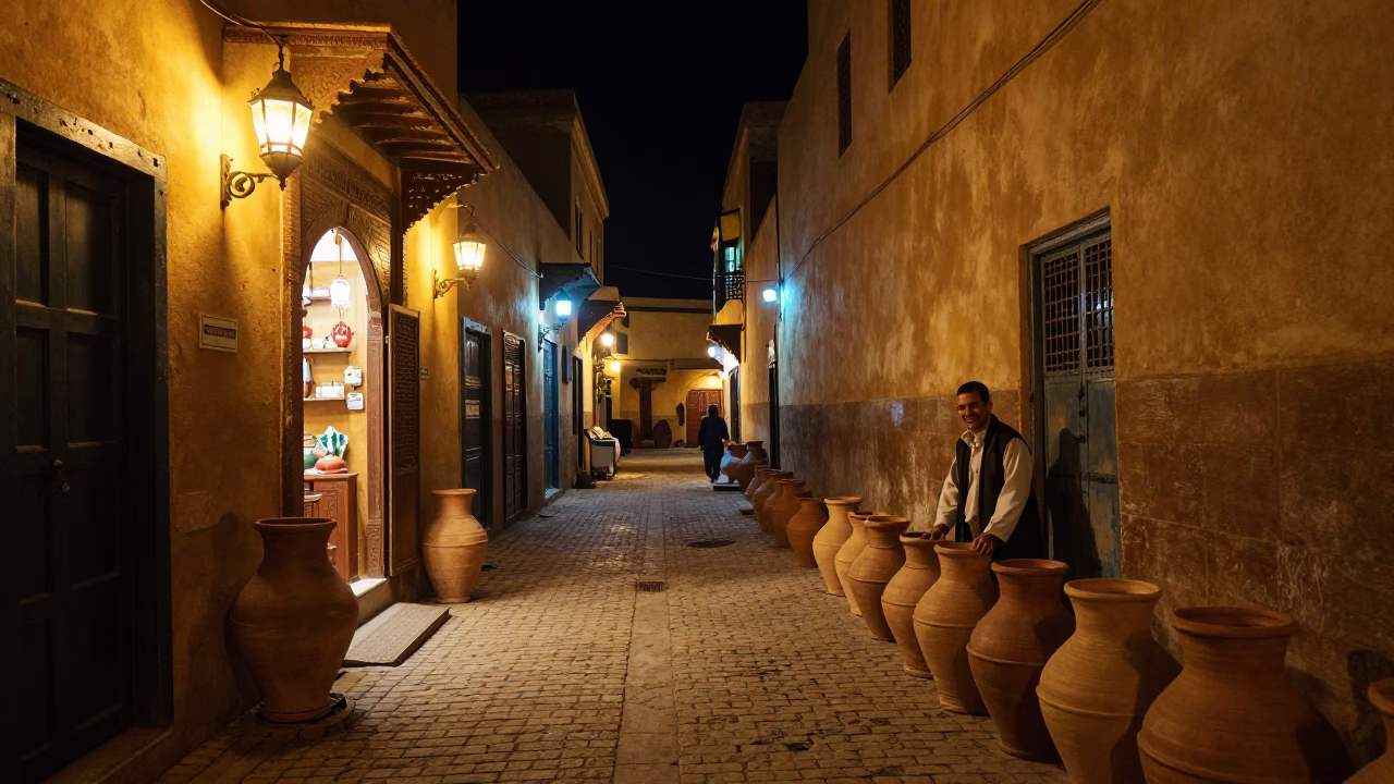 Nighttime Street Scene in Fez Morocco with Glowing Lantern and Traditional Pottery in in Fez, Morocco