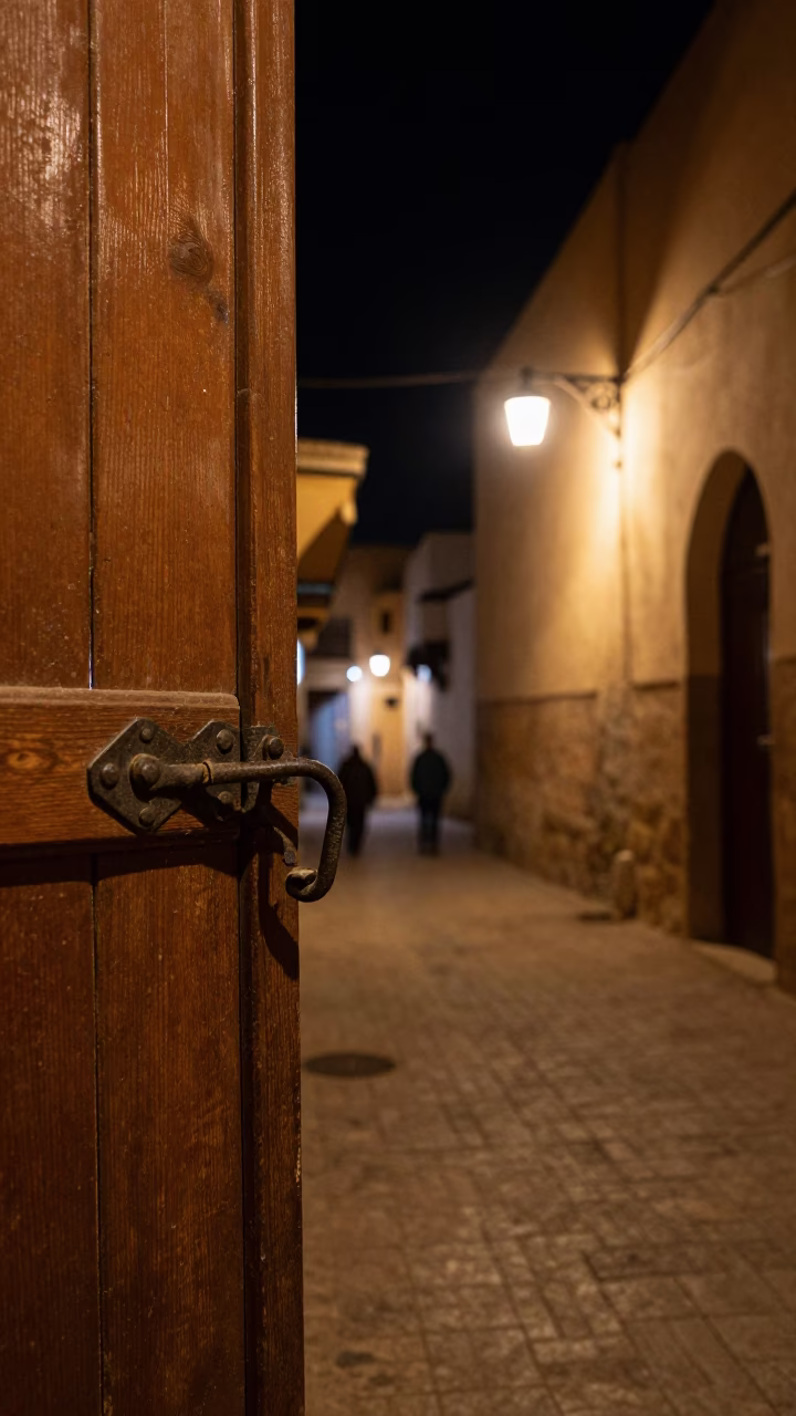 Nighttime Street Scene in Fez Morocco with Iron Deadbolt and Bookend in in Fez, Morocco