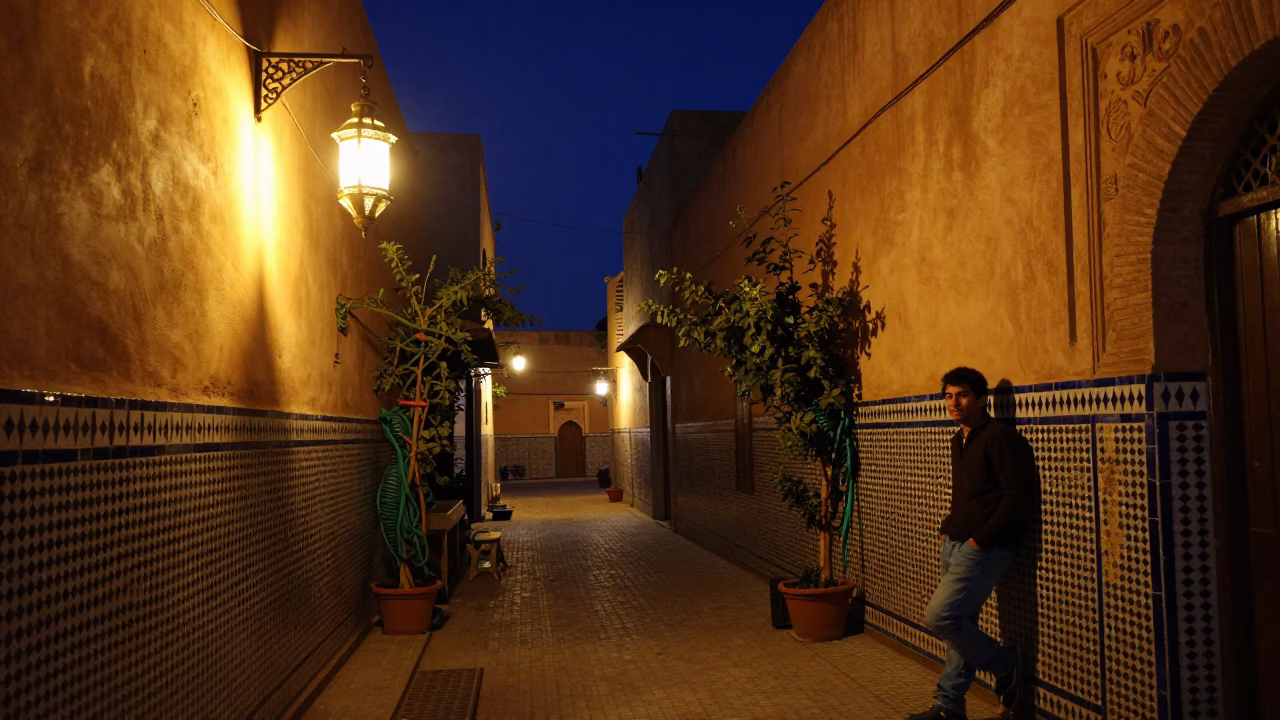 Nighttime Street Scene in Fez Morocco with Lantern and Garden Hose in in Fez, Morocco