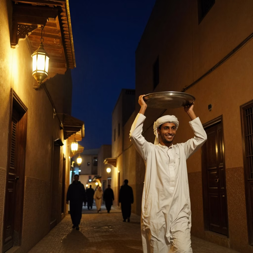 Nighttime Street Scene in Fez Morocco with Lanterns and Traditional Attire in in Fez, Morocco