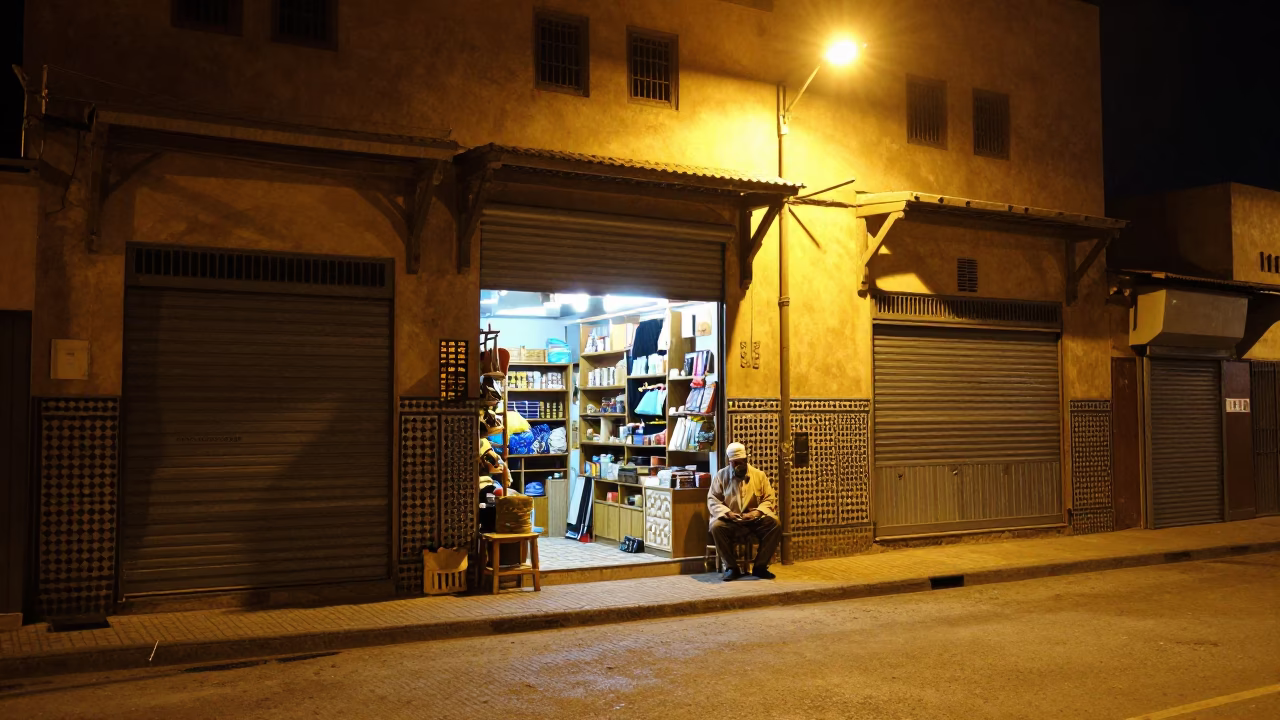 Nighttime Street Scene in Fez Morocco with Local Shopkeeper and Metal Bucket in in Fez, Morocco