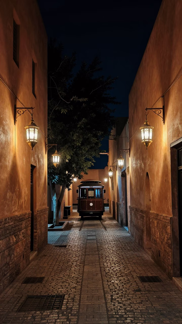 Nighttime Street Scene in Fez Morocco with Traditional Lanterns and Old Trolley in in Fez, Morocco
