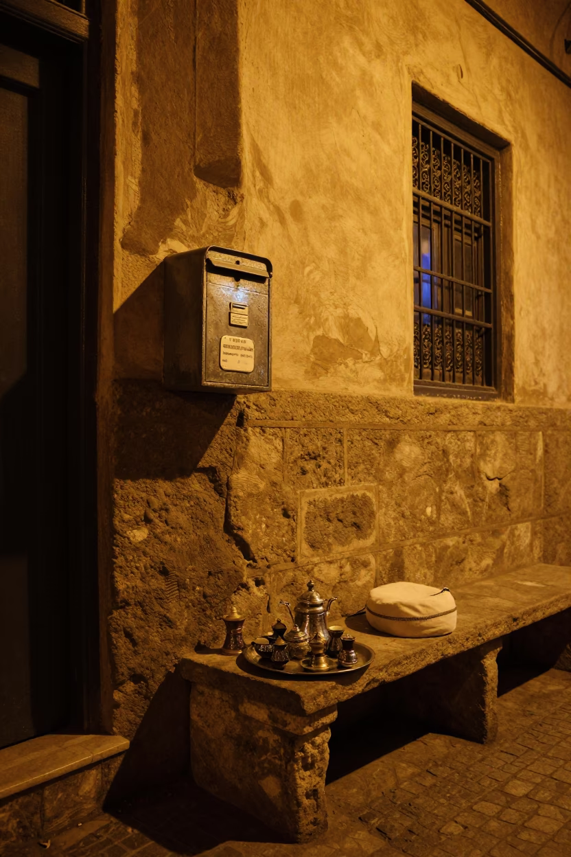 Nighttime Street Scene in Fez Morocco with Traditional Tea Service and Lantern Light in in Fez, Morocco