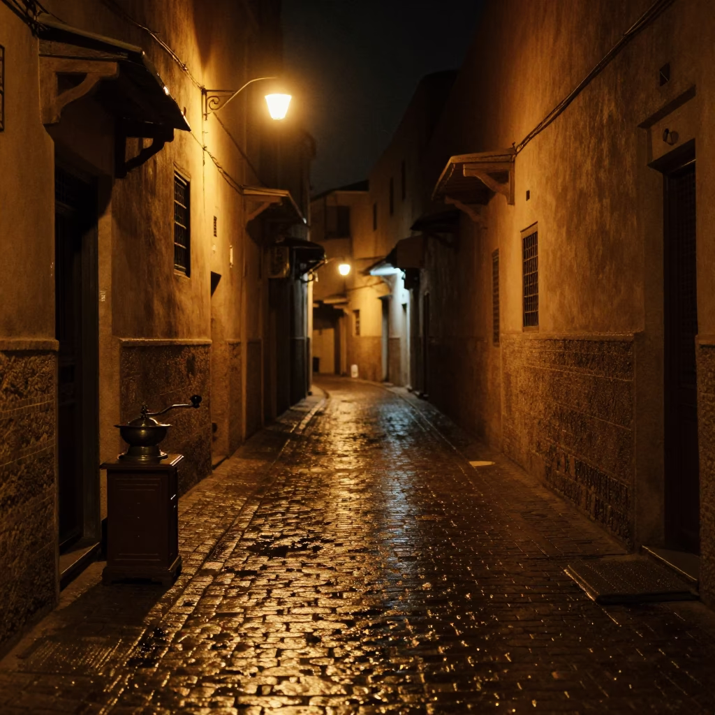 Nighttime Street Scene in Fez Morocco with Vintage Coffee Grinder and Brass Fixtures in in Fez, Morocco
