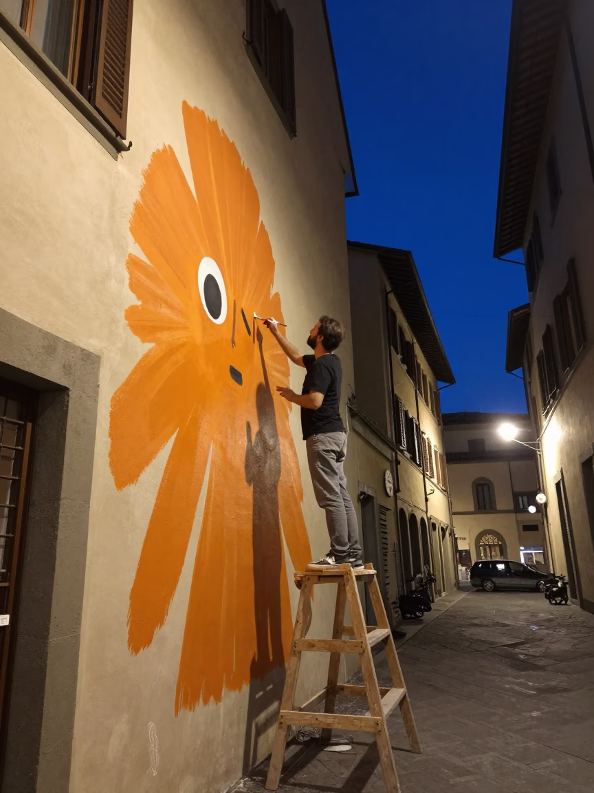 Nighttime Street Scene in Florence Italy with Artist Painting Mural Under Deep Sky in in Florence, Italy
