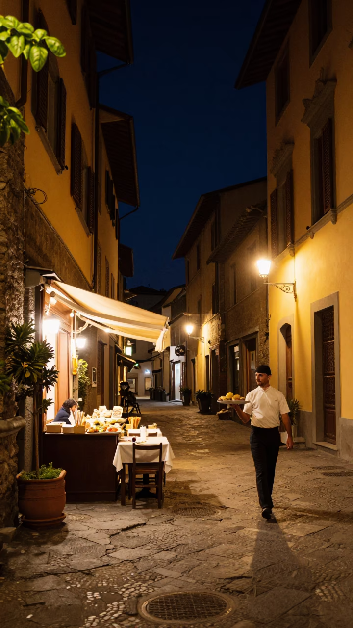 Nighttime Street Scene in Florence Italy with Basil Leaves and Local Dining in in Florence, Italy