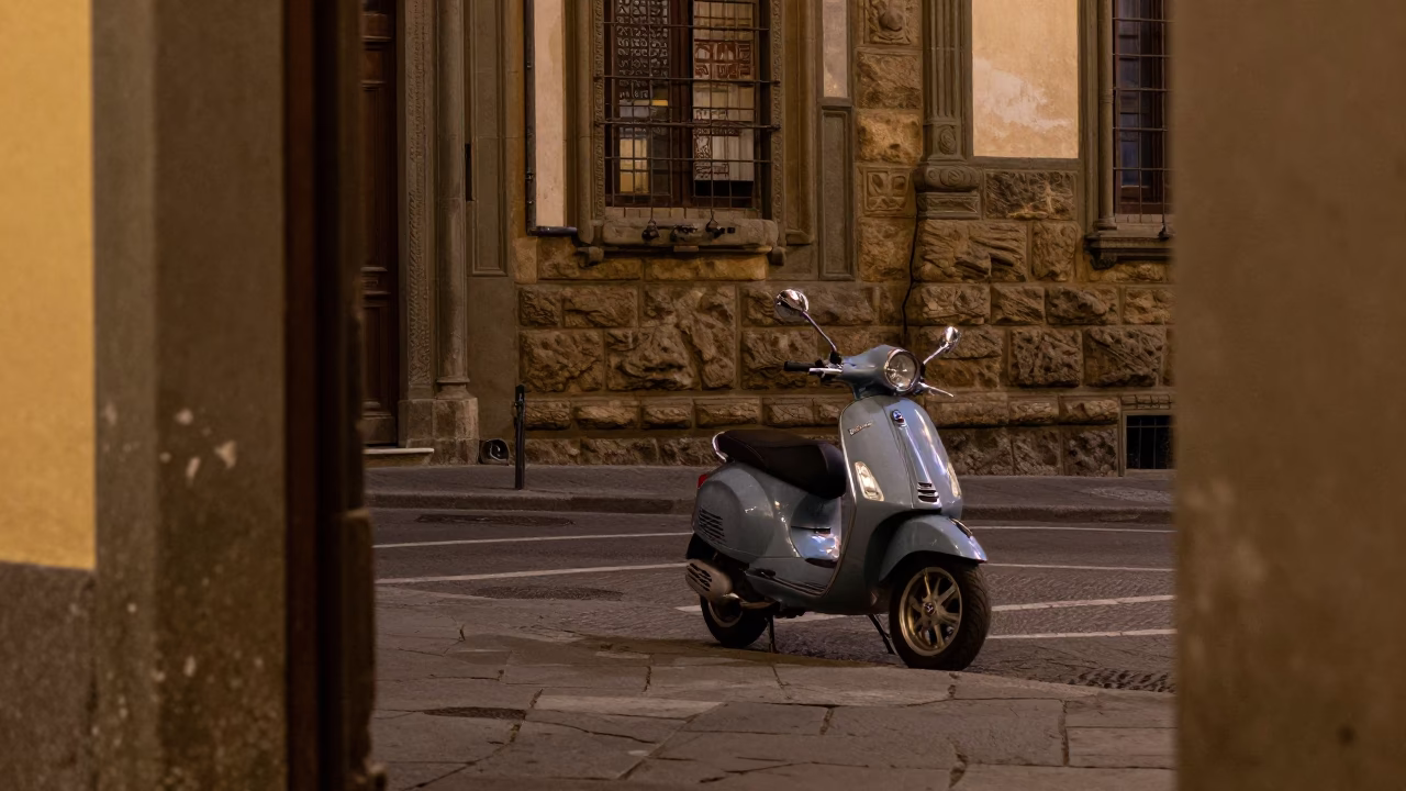 Nighttime Street Scene in Florence Italy with Doorframe and Vespa Reflection in in Florence, Italy