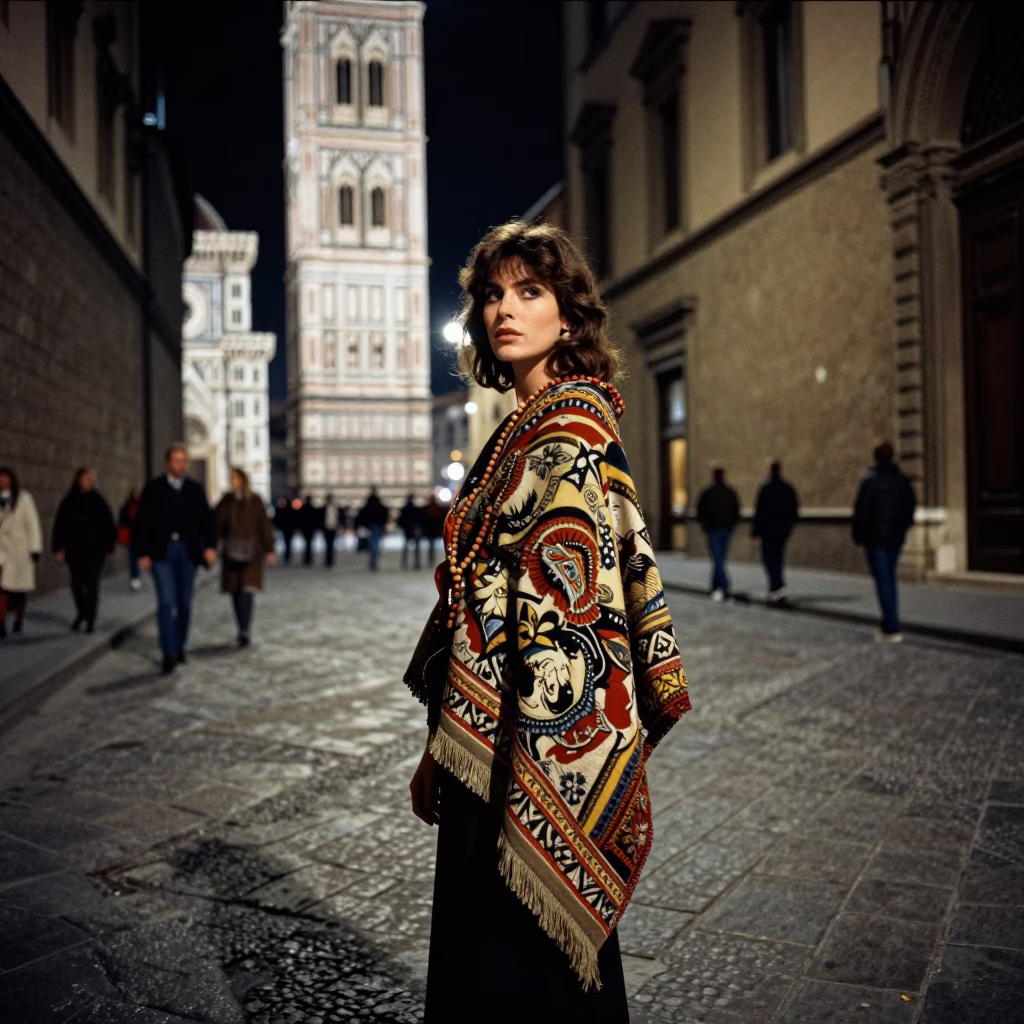 Nighttime Street Scene in Florence Italy with Prayer Beads and Tapestry in in Florence, Italy