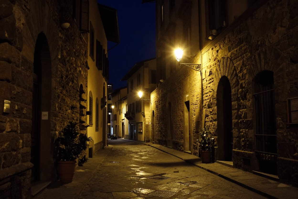 Nighttime street scene in Florence Italy with stone architecture and local life in in Florence, Italy