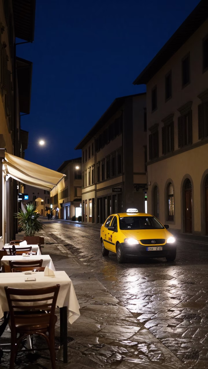 Nighttime Street Scene in Florence Italy with Yellow Taxi and Tablecloth in in Florence, Italy